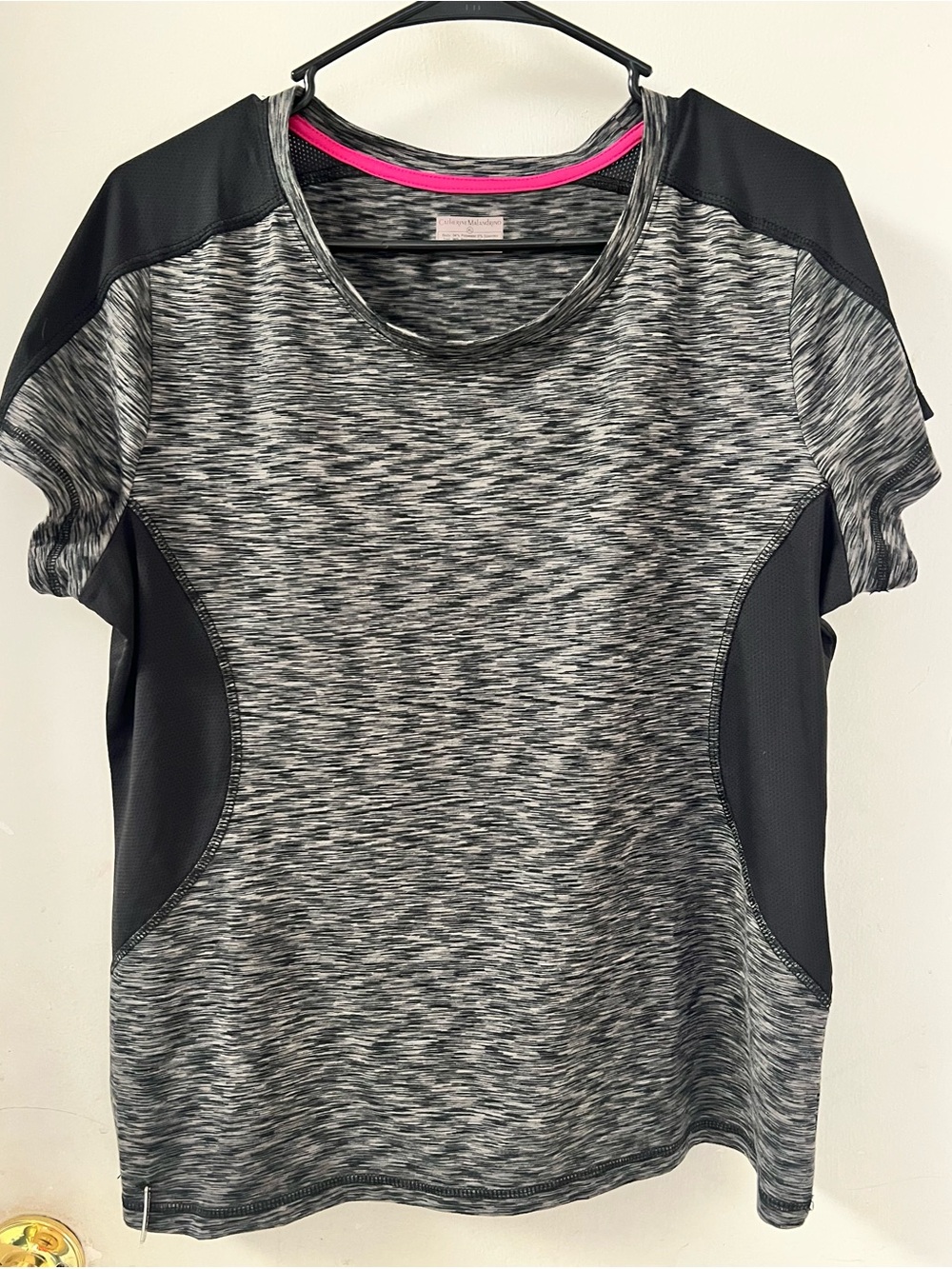 Catherine Malandrino Heathered Gray Active Tee with Black Panels and Pink Trim
